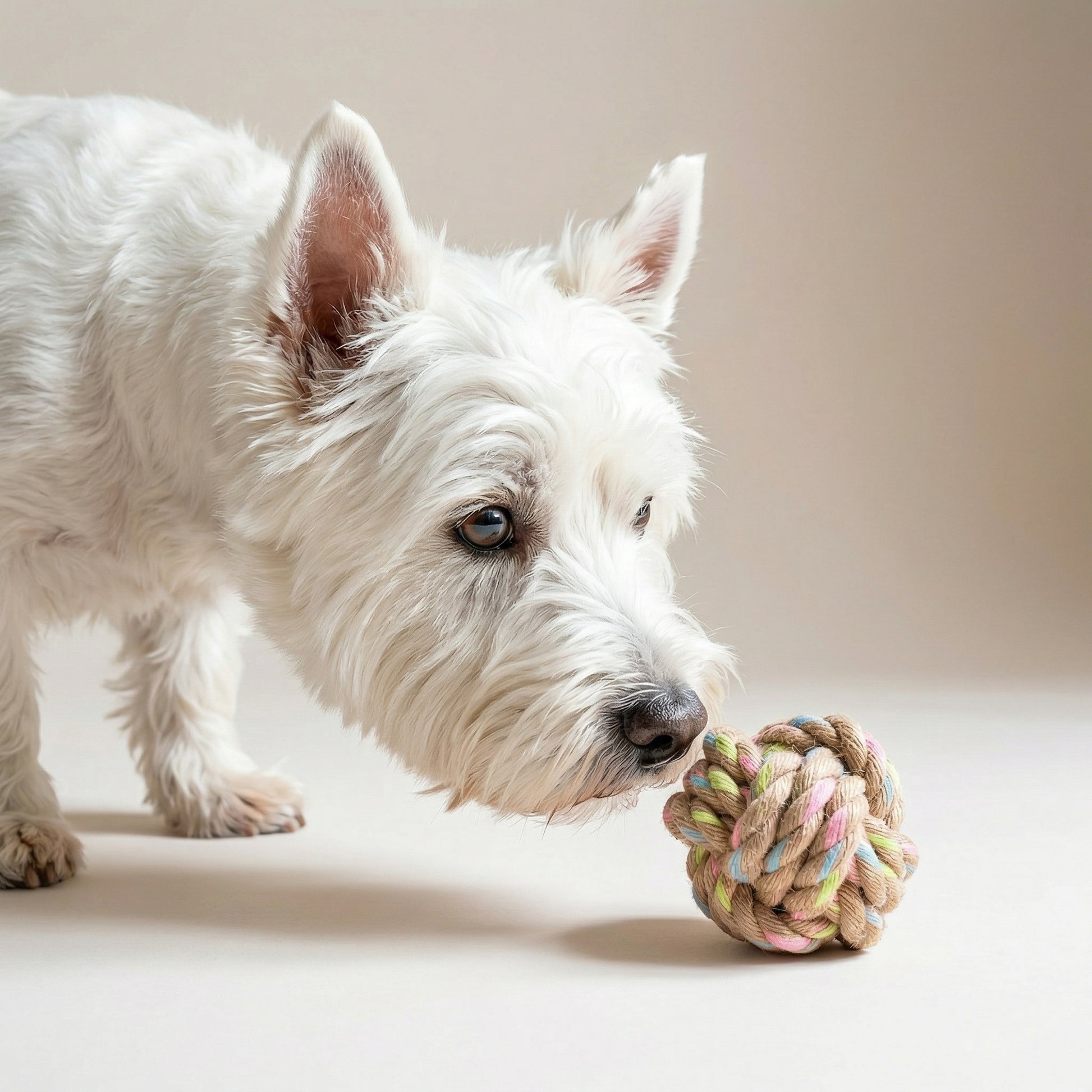 White dog playing with a colorful rope ball on a plain background