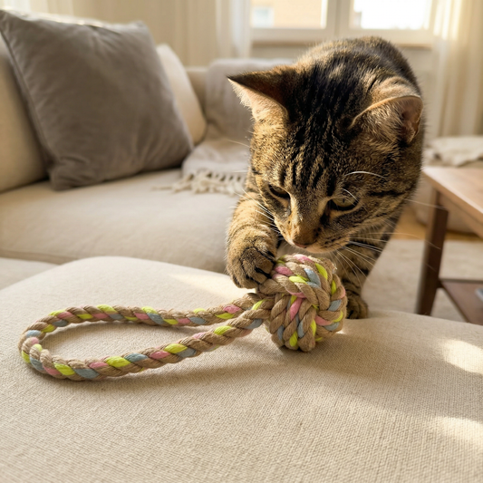 Cat playing with a colorful rope toy on a couch