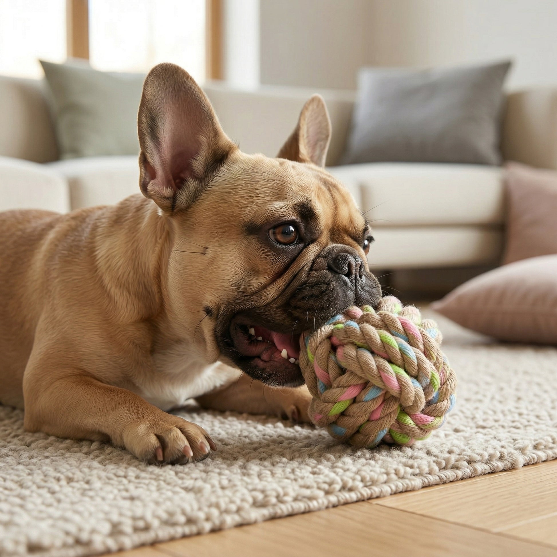 Dog playing with a rope toy on a rug in a living room.