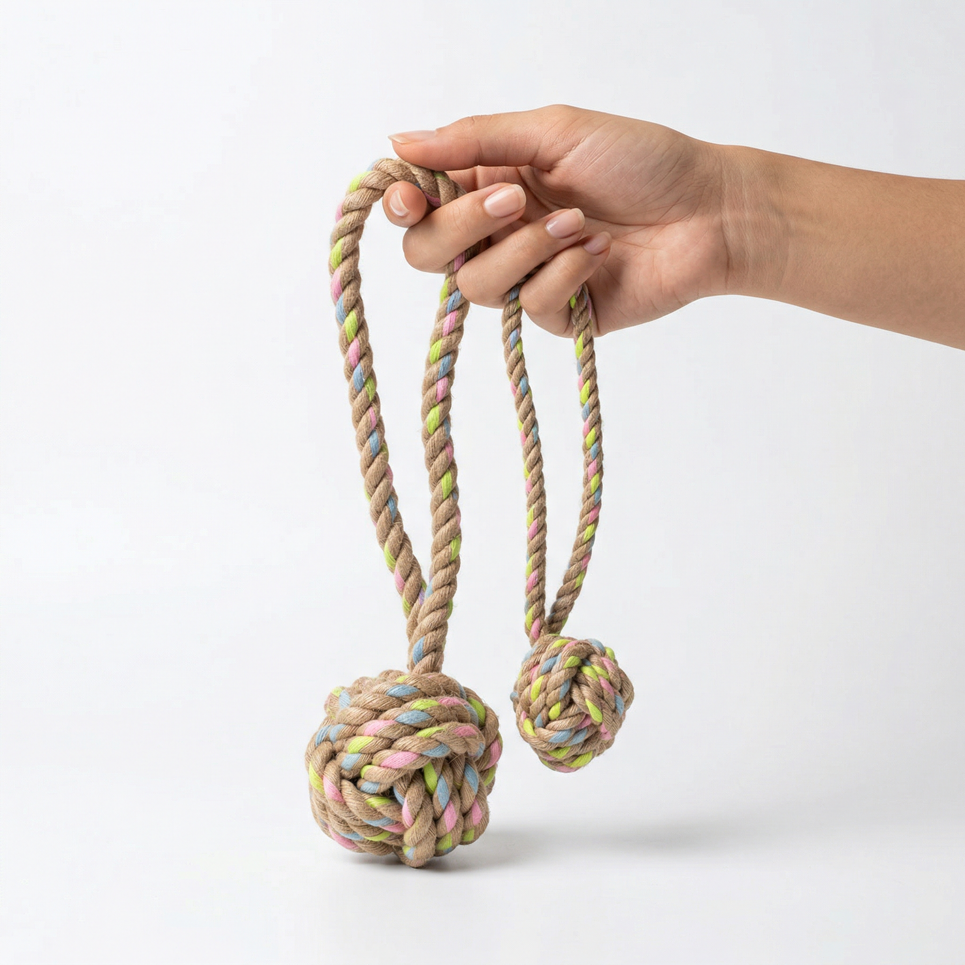 Hand holding a colorful knotted rope toy against a white background