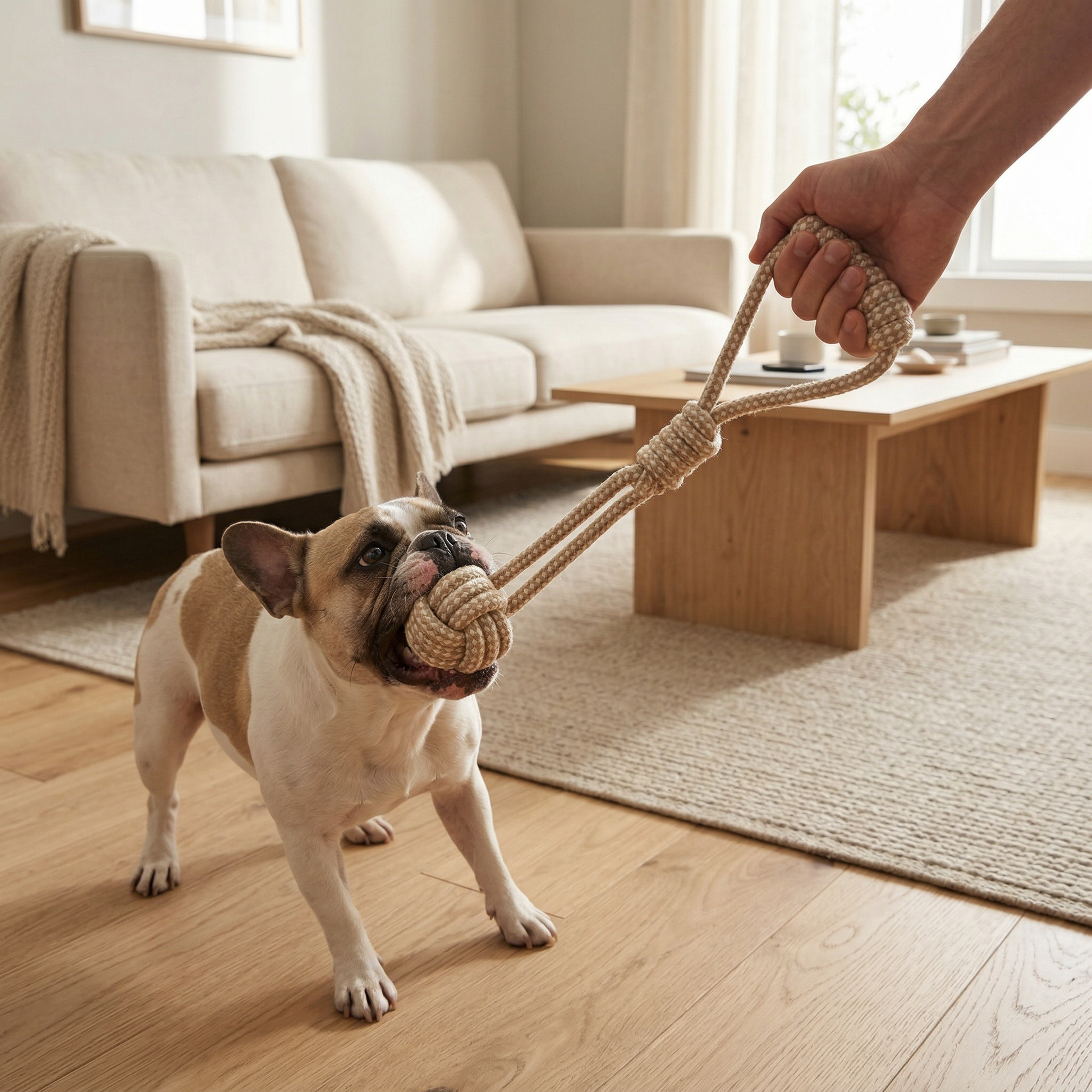 Dog playing with a rope toy in a living room