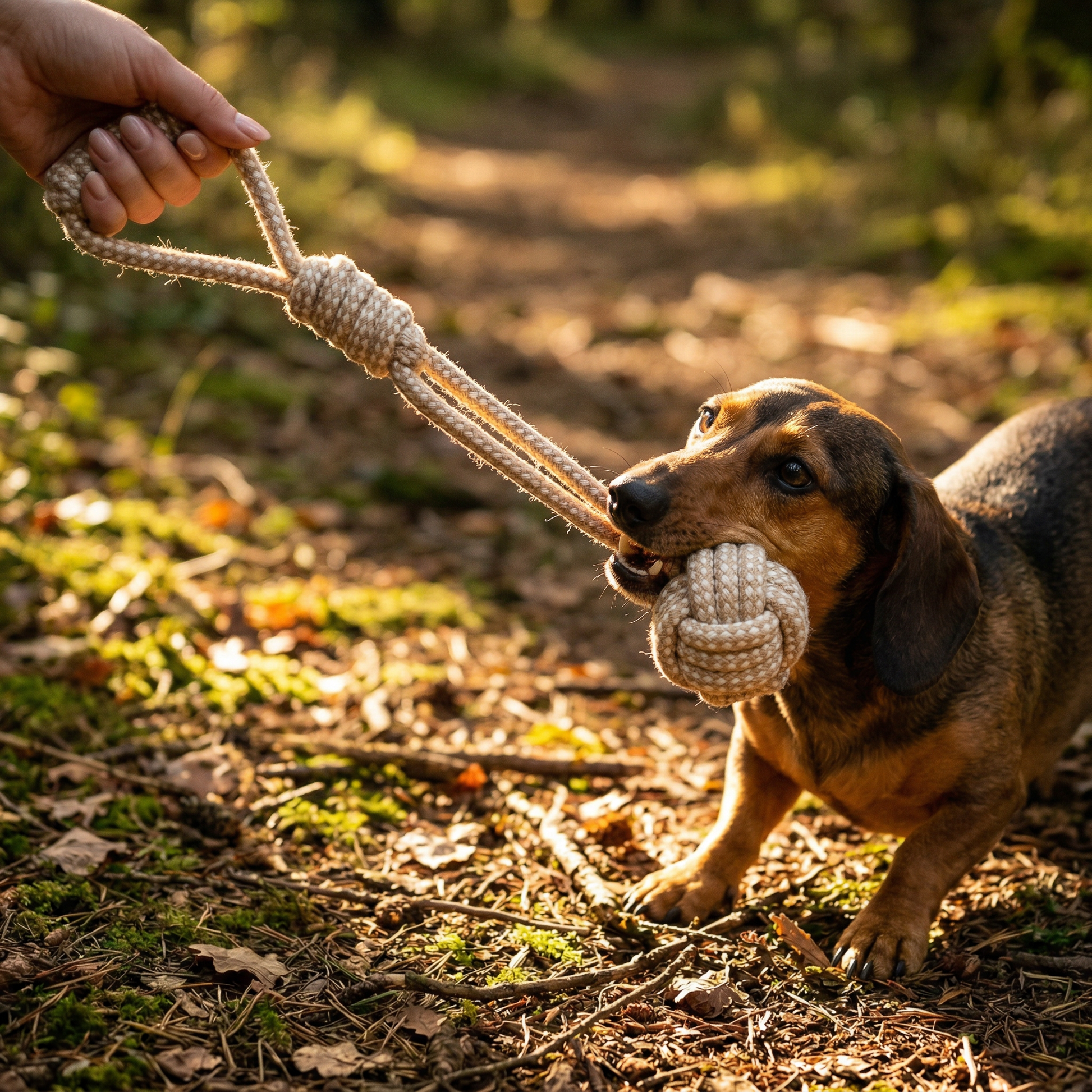 Dog playing with hemp an cotton Monkey Fist in a forest