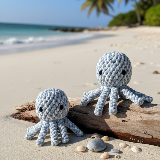 Two knitted octopus toys on a beach with ocean and palm trees in the background.