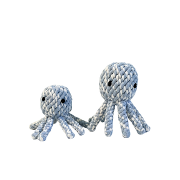 Two blue and white rope octopus toys on a white background