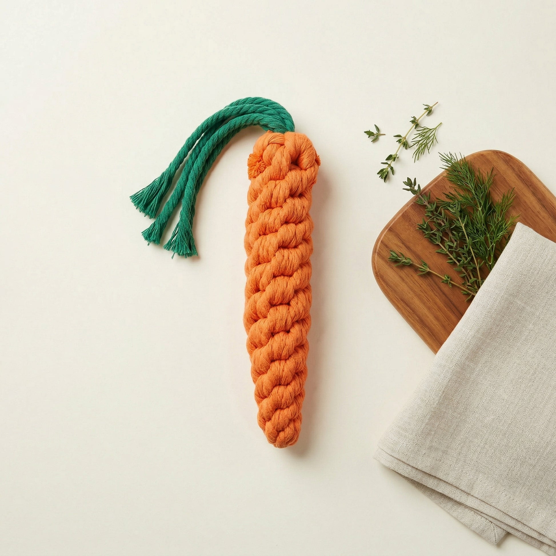 Knitted carrot toy on a white background with a wooden cutting board and herbs.