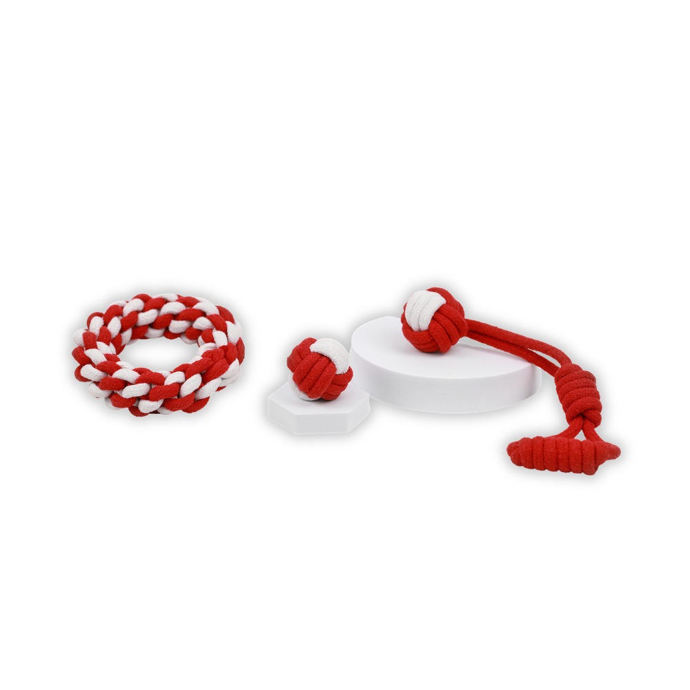 Red and white dog toys on a white background