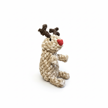 Rope reindeer toy on a white background
