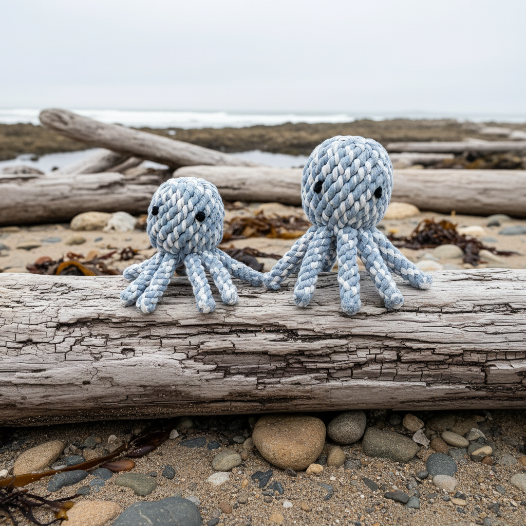 Two knitted octopus toys on a log by the beach.