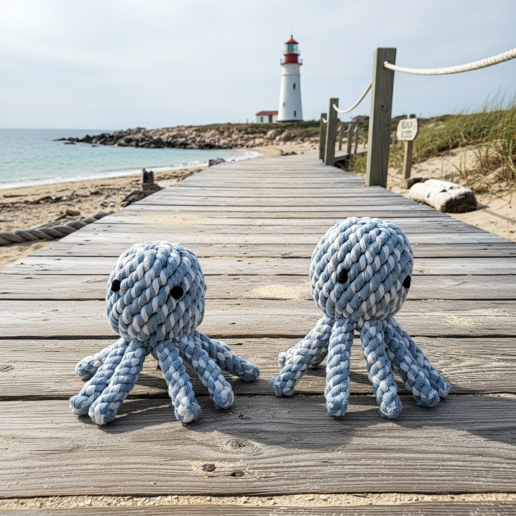 Two blue rope octopus toys on a wooden pier with a lighthouse in the background.