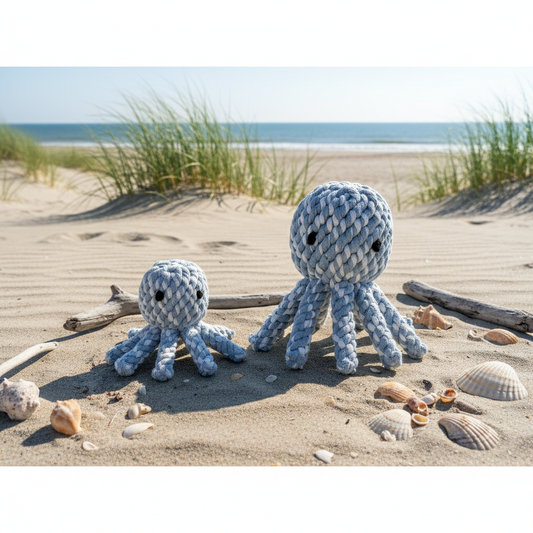 Two knitted octopus toys on a sandy beach with seashells and driftwood.