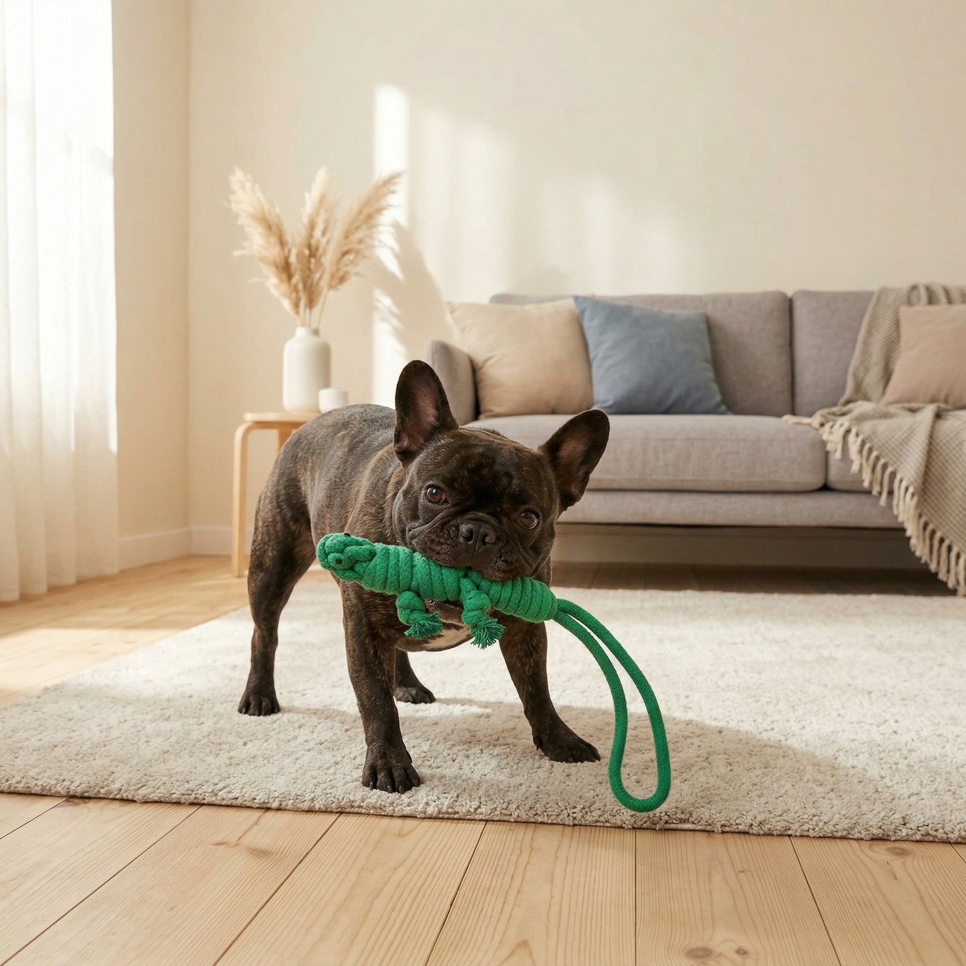 Dog playing with a green rope toy in a living room.