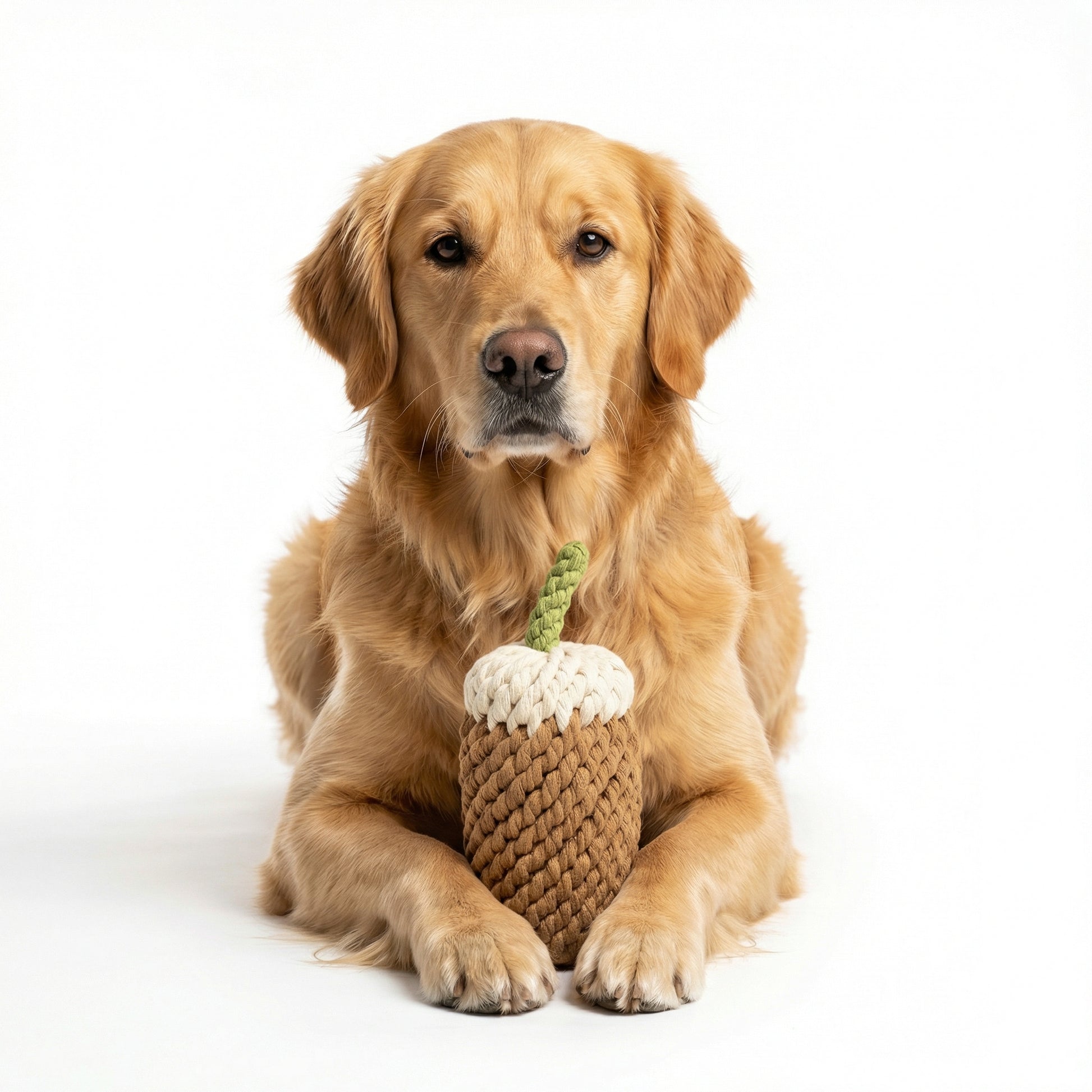 Dog holding a coffee toy on a white background