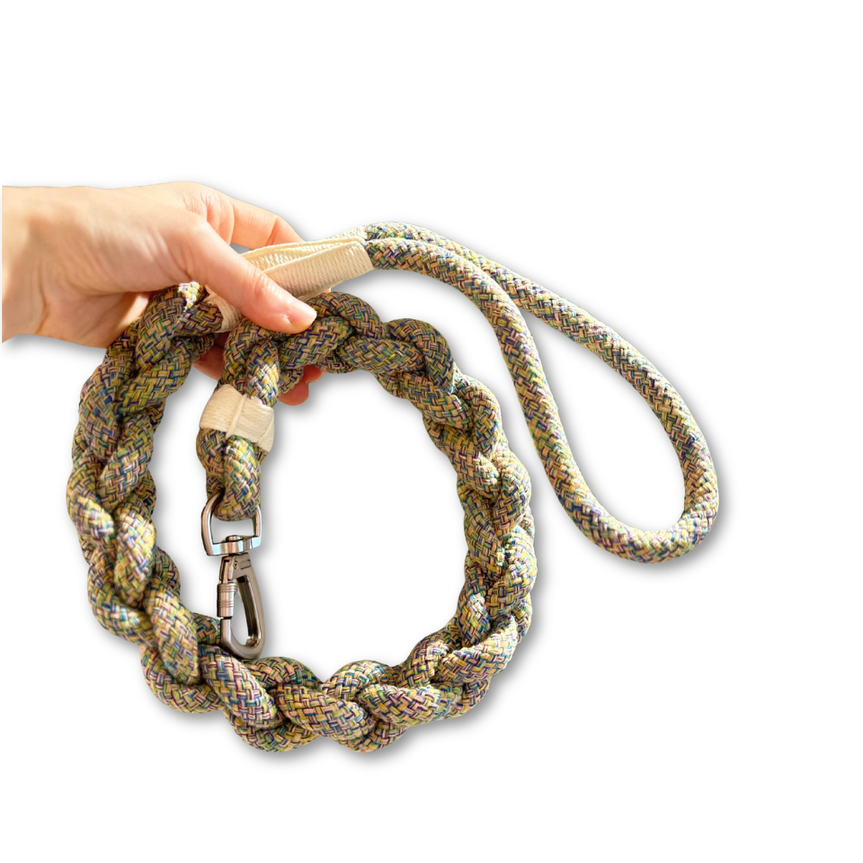 Hand holding a braided rope dog leash on a white background