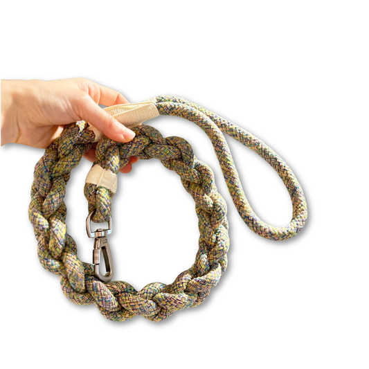 Hand holding a braided rope dog leash on a white background