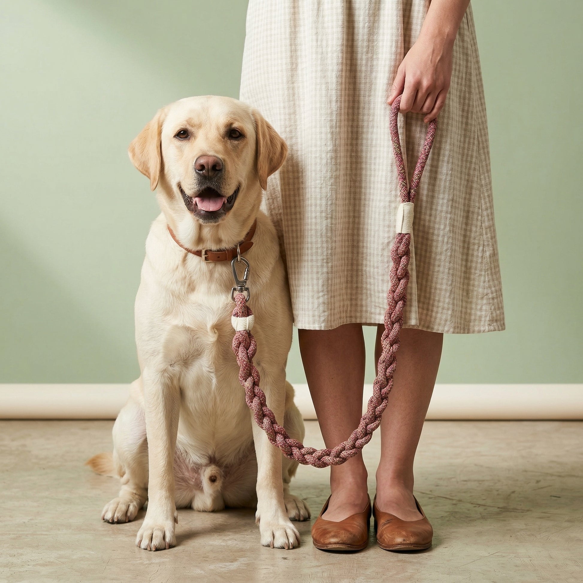 Dog sitting next to a person holding a braided leash on a wooden floor.
