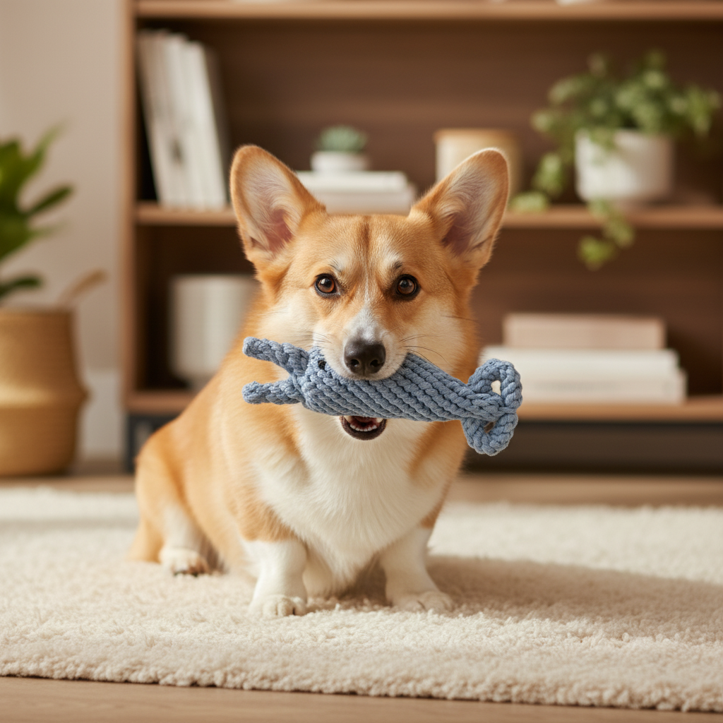 Corgi holding a blue rope toy in a home setting with a bookshelf and plants in the background.