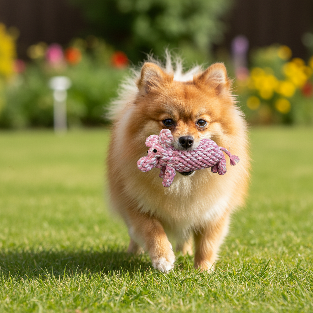 Small dog holding a pink rope toy in its mouth on a grassy field with flowers in the background