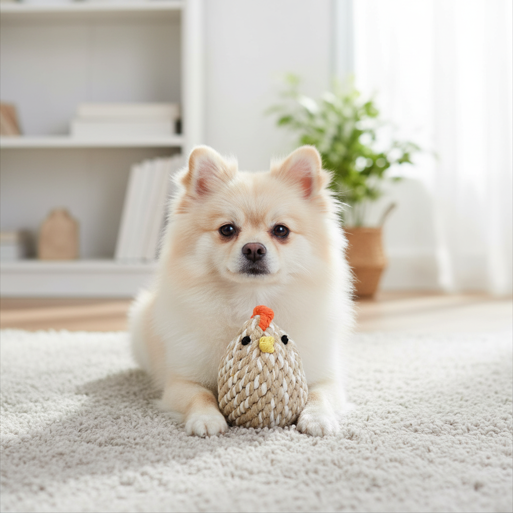 Small dog sitting on a carpet with a knitted chicken toy in a bright room.