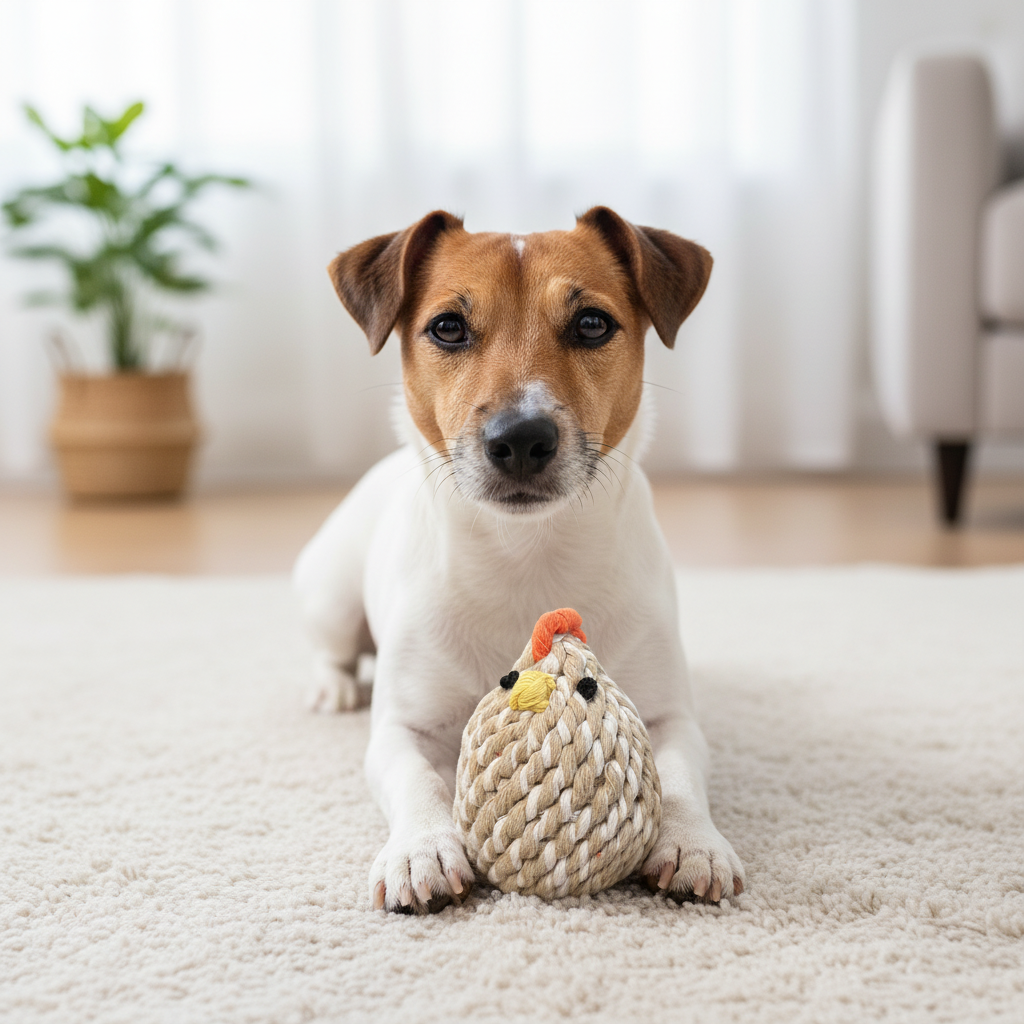 Dog playing with a knitted toy on a carpeted floor