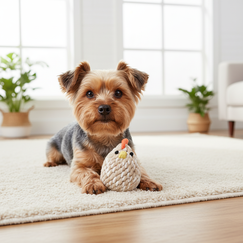 Small dog sitting on a rug with a knitted chicken toy in a bright room.