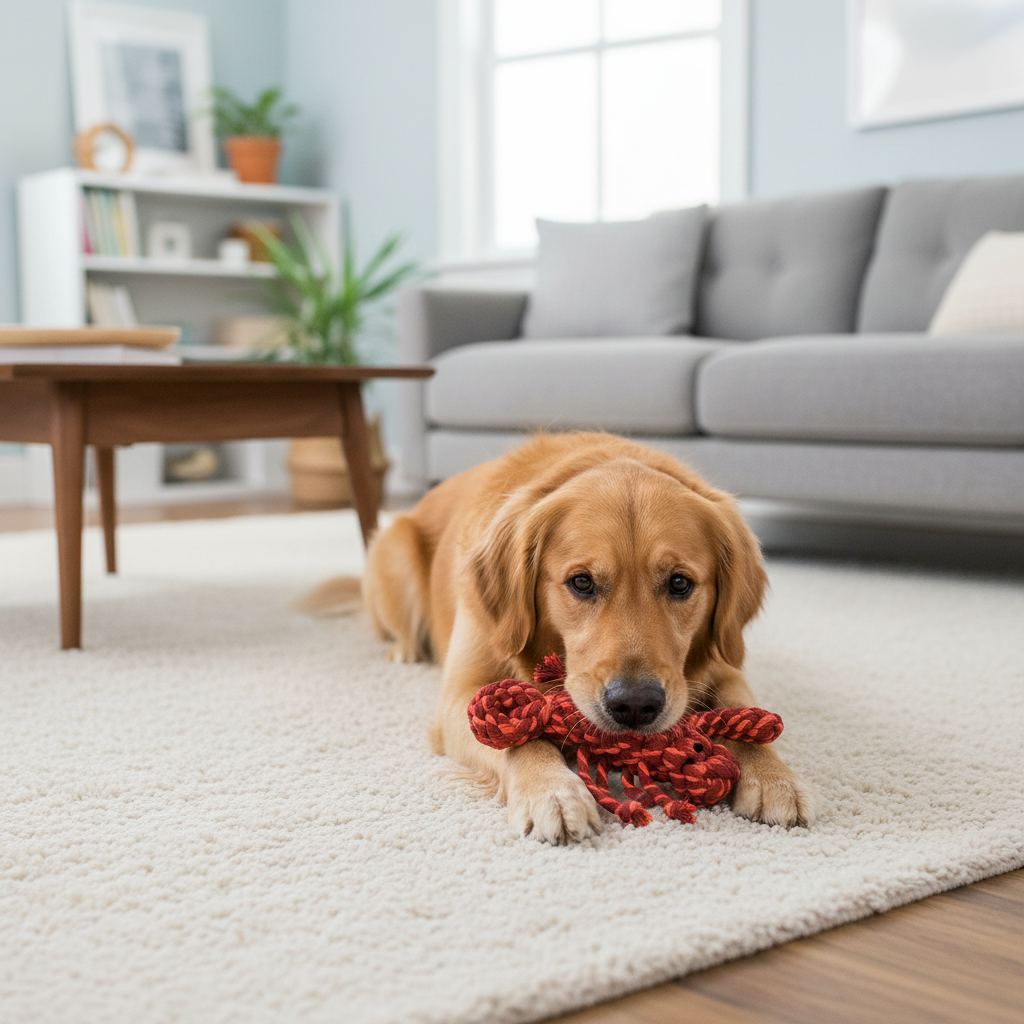 Dog playing with a red toy on a carpeted floor in a living room.