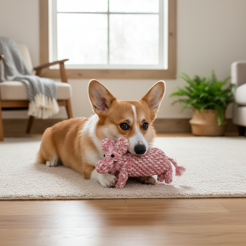 Corgi dog playing with a pink knitted toy on a carpeted floor.