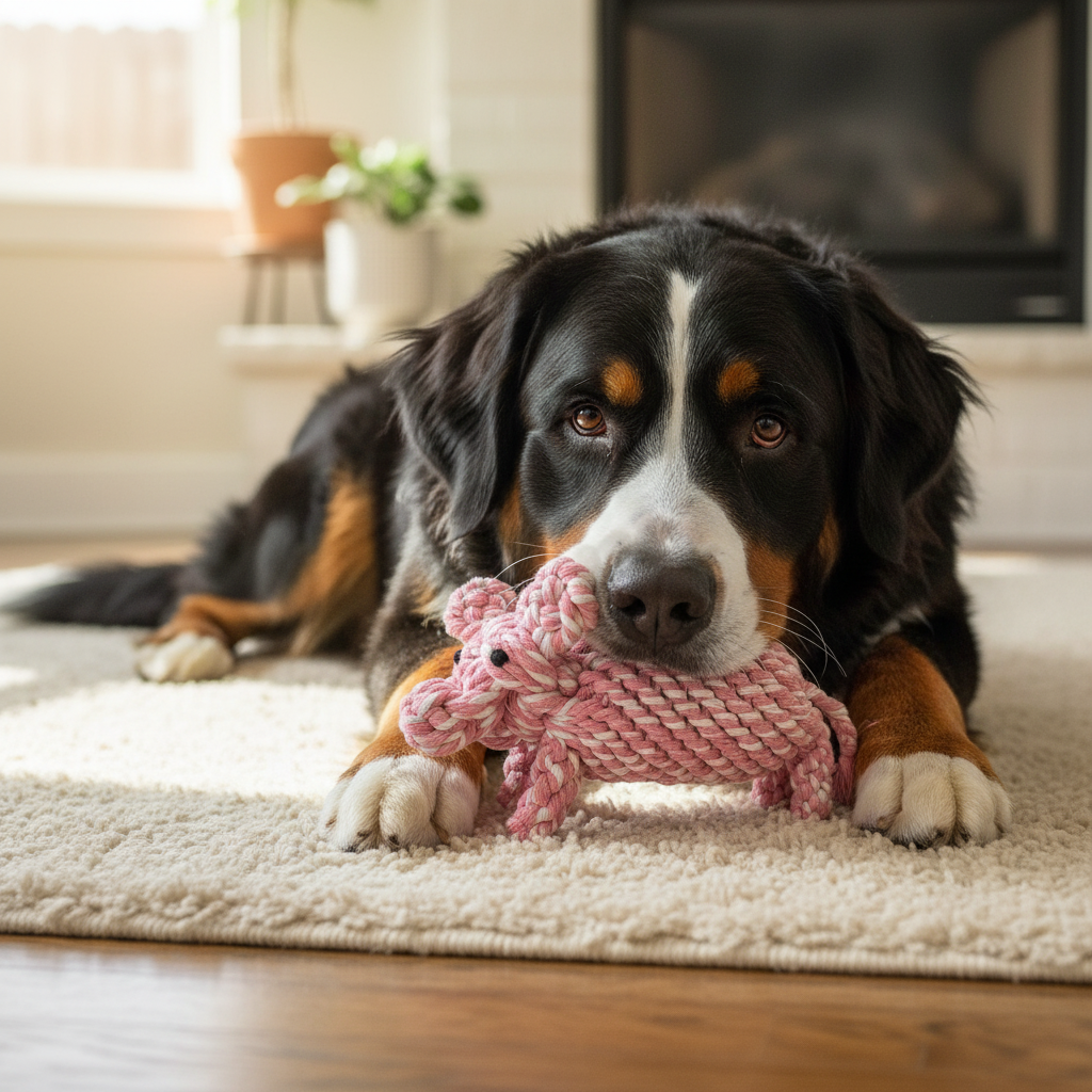 Dog lying on a rug with a pink knitted toy in a cozy living room.