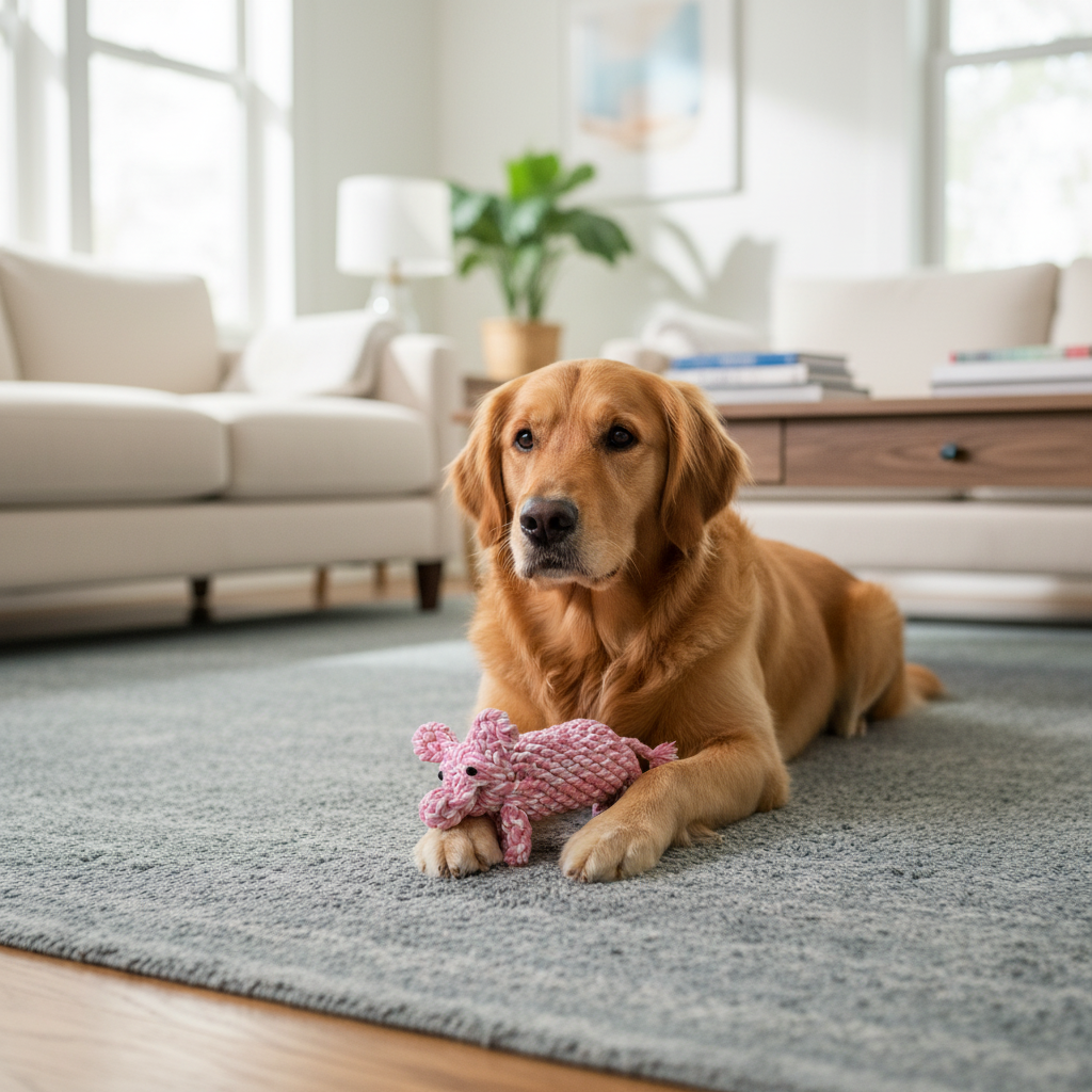 Dog lying on a rug with a pink toy in a living room