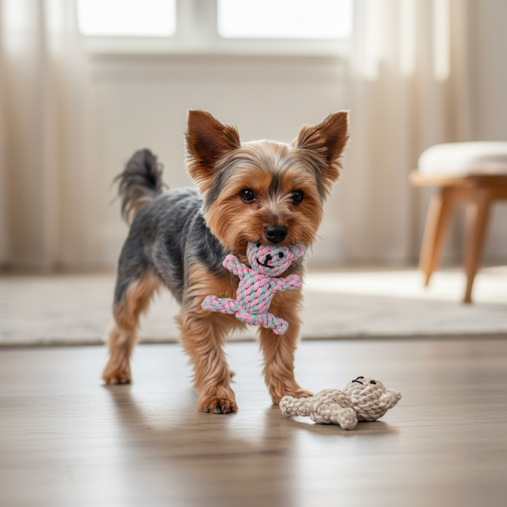 Small dog playing with a toy on a wooden floor