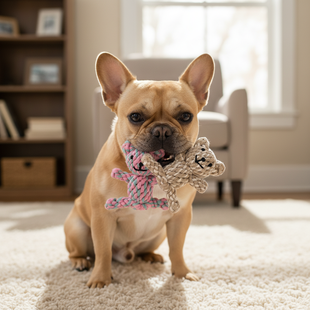 Dog holding a knitted toy in a living room