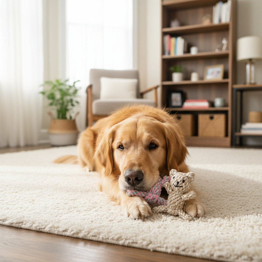 Dog lying on a carpeted floor with a toy in a cozy living room.