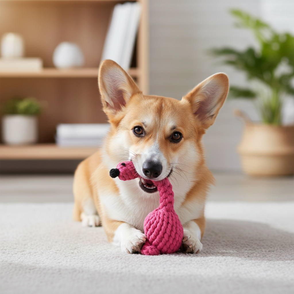 Corgi dog playing with a pink rope toy on a carpeted floor.