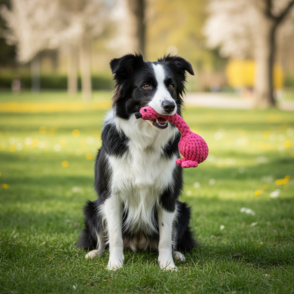 Dog sitting on grass with a pink toy in its mouth, blurred trees in the background