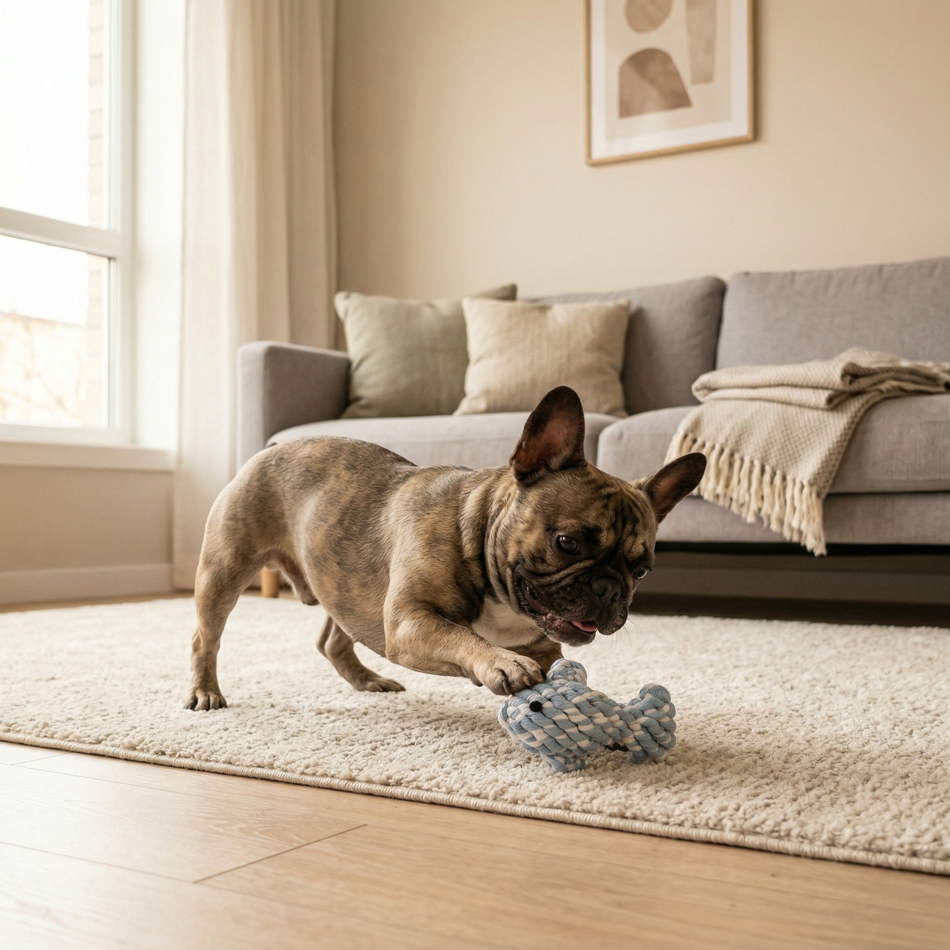 Dog playing with a toy on a rug in a living room