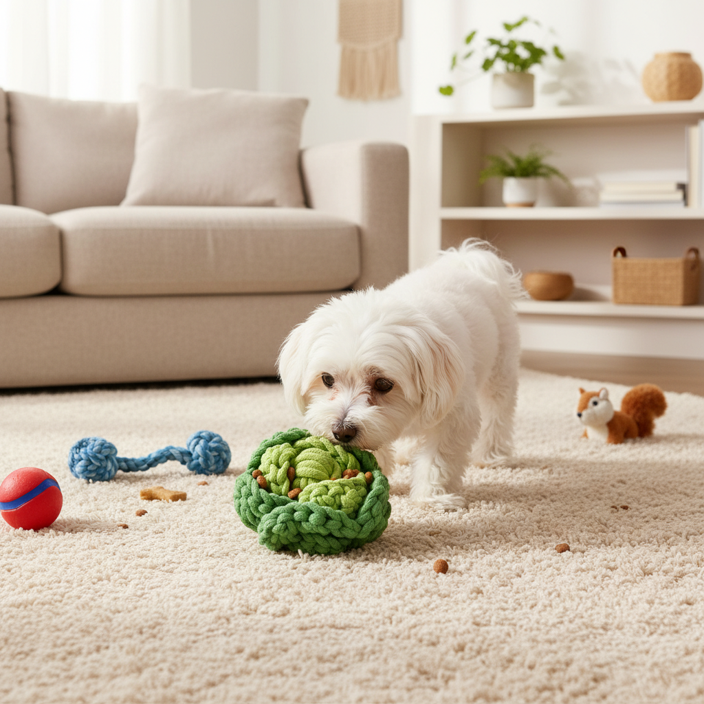 dog play cabbage rope toy in room