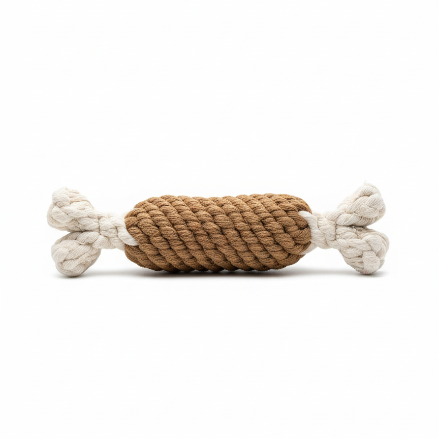 Dog toy made of braided rope on a white background