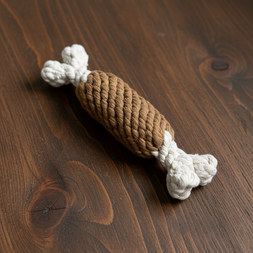 Dog toy made of brown and white rope on a wooden surface
