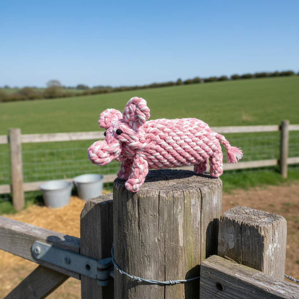 Pink knitted pig toy on a wooden post with a green field and blue sky in the background