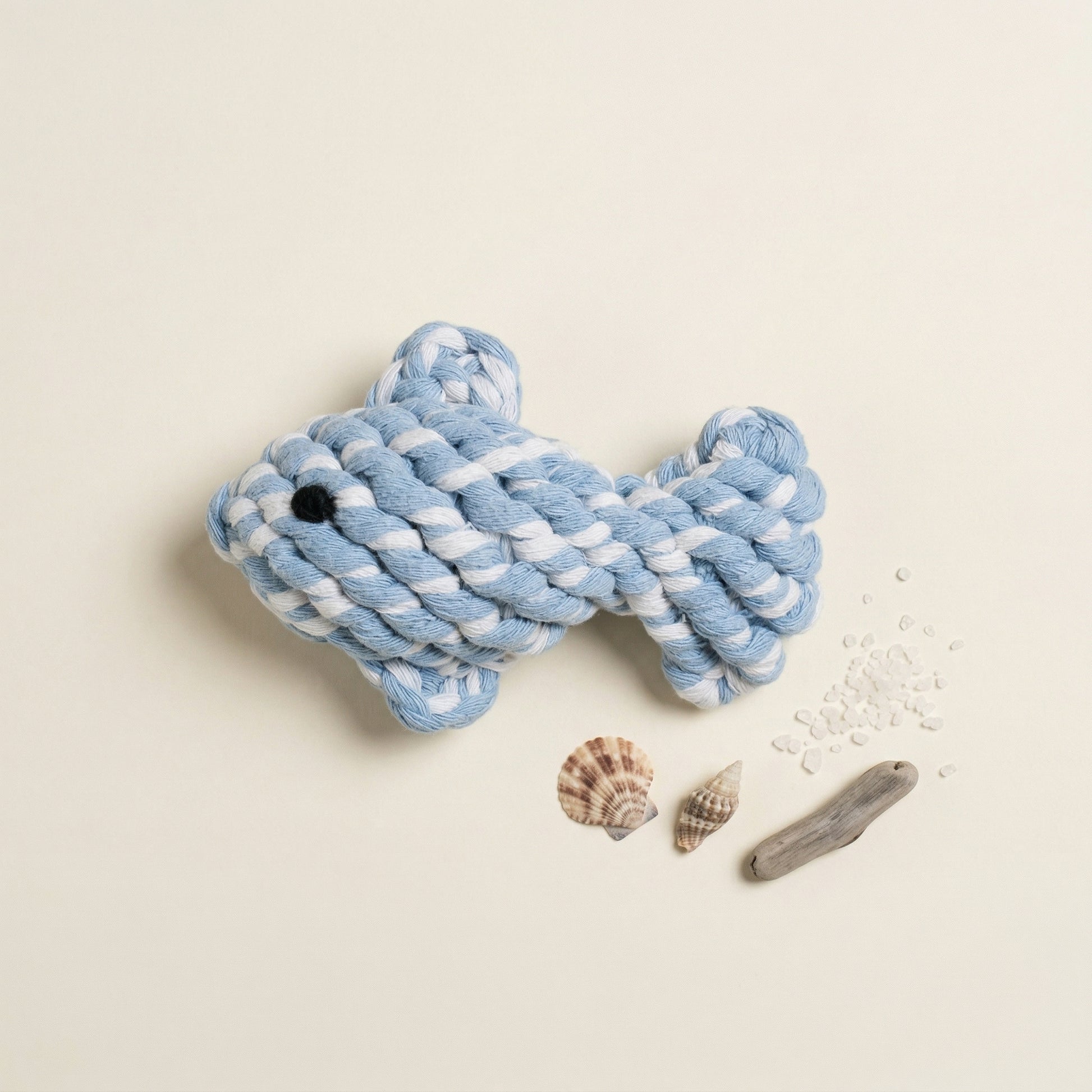 Blue and white rope dog toy on a beige background with shells and sand.