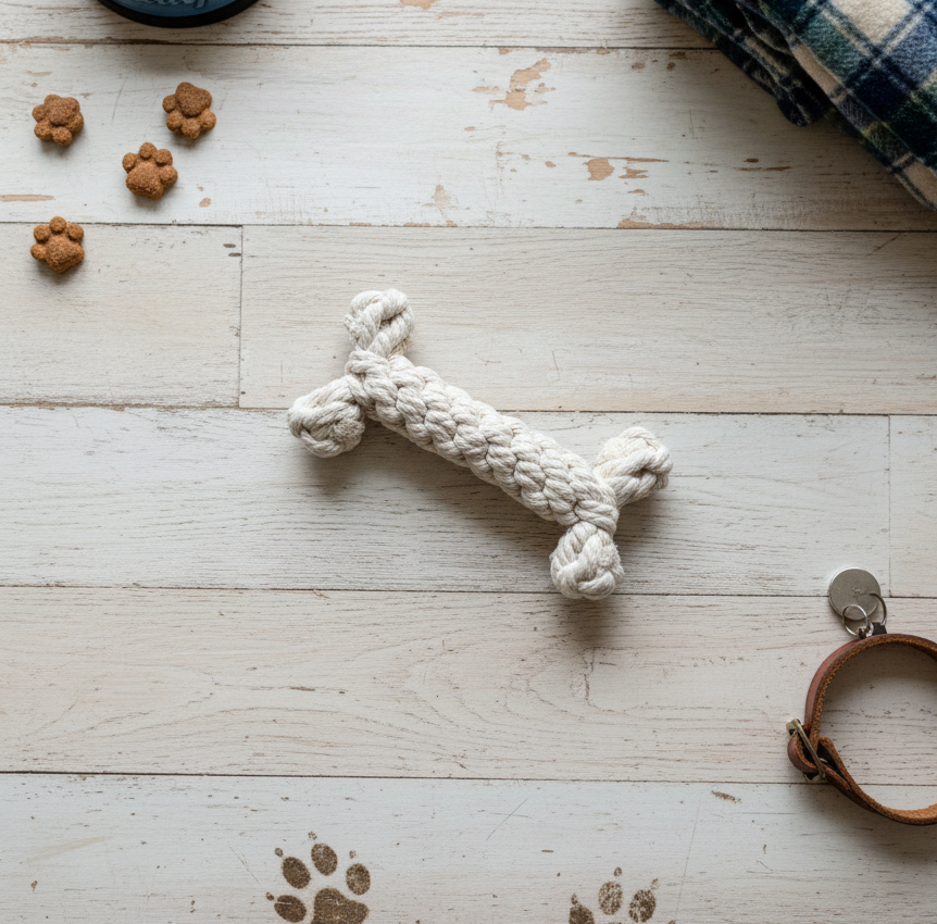 White knotted dog toy on a wooden surface with paw prints and dog treats.