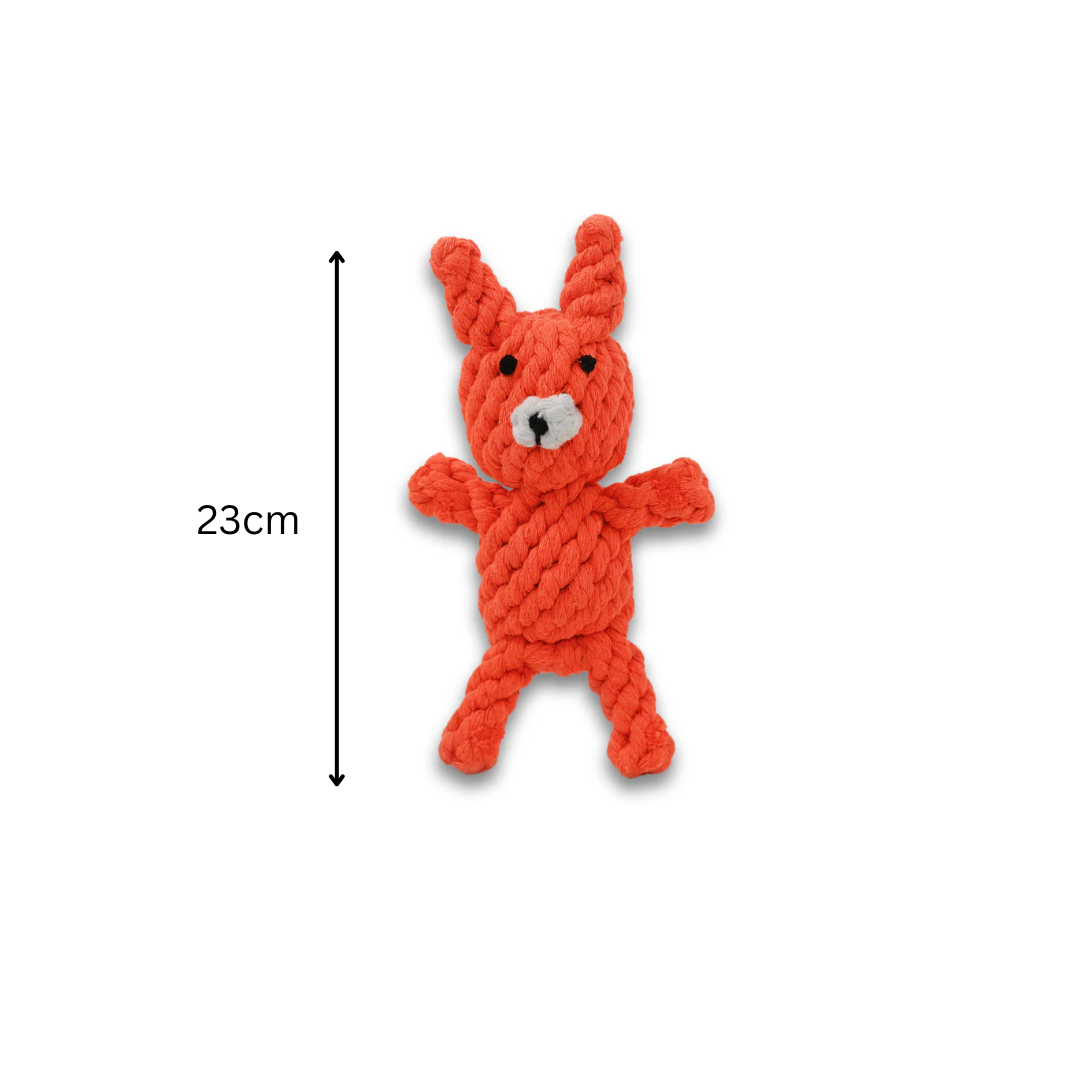 Sustainable Handmade Eco-Fox Chew Rope Toy - A durable, eco-friendly rope toy shaped like a fox, crafted by hand. Ideal for dogs who love to chew, with vibrant colors and a robust design for engaging play and dental health.