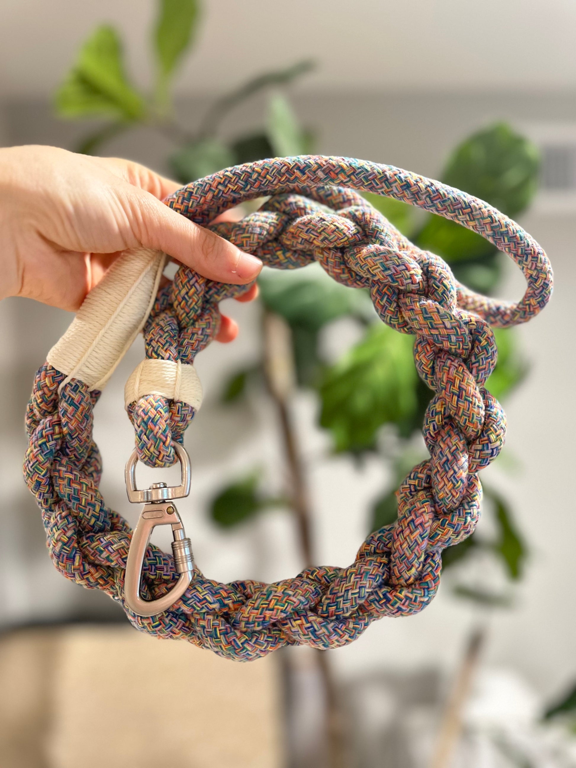 Hand holding a braided rope dog leash with a metal clip against a blurred indoor background.
