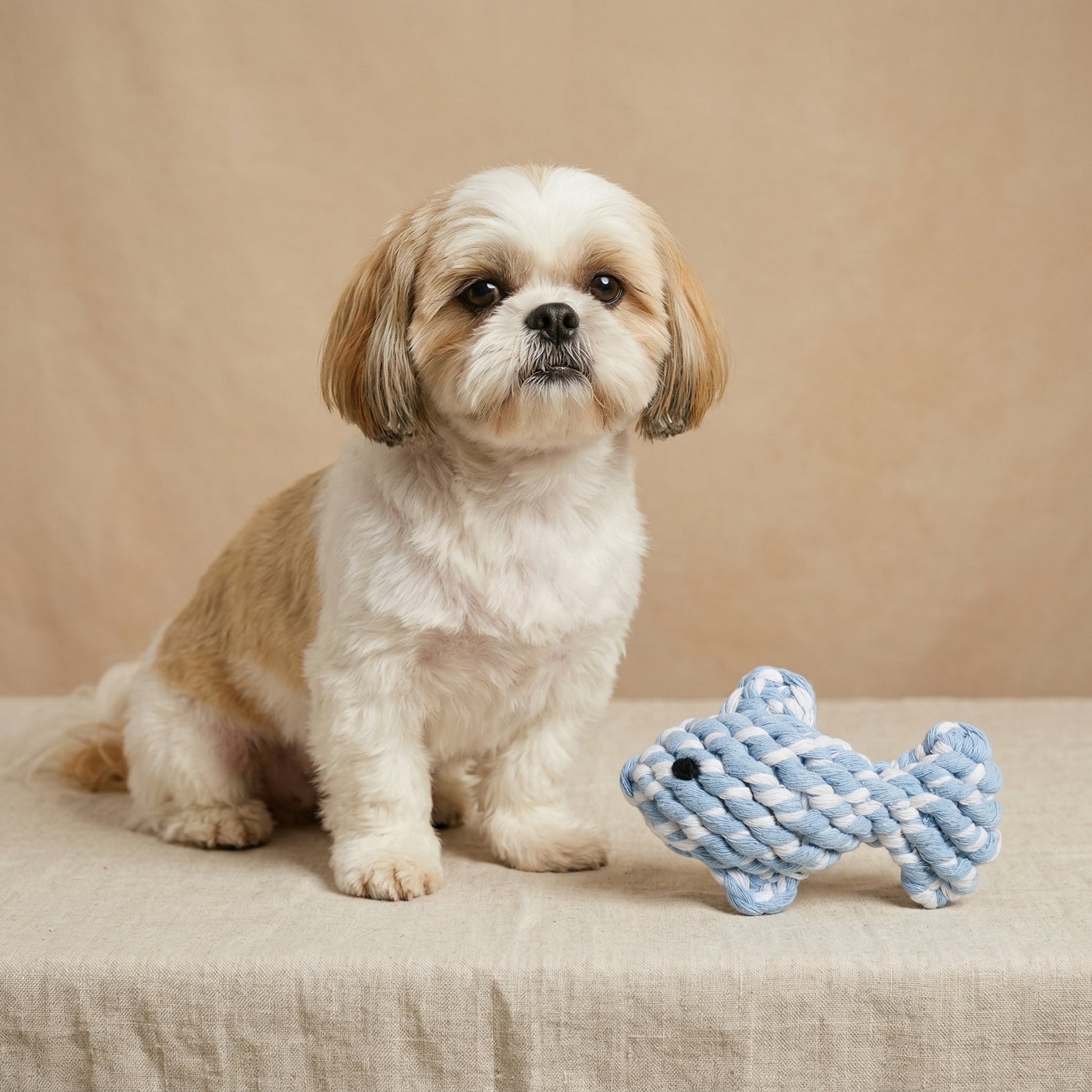 Small dog with a blue and white rope toy on a beige surface