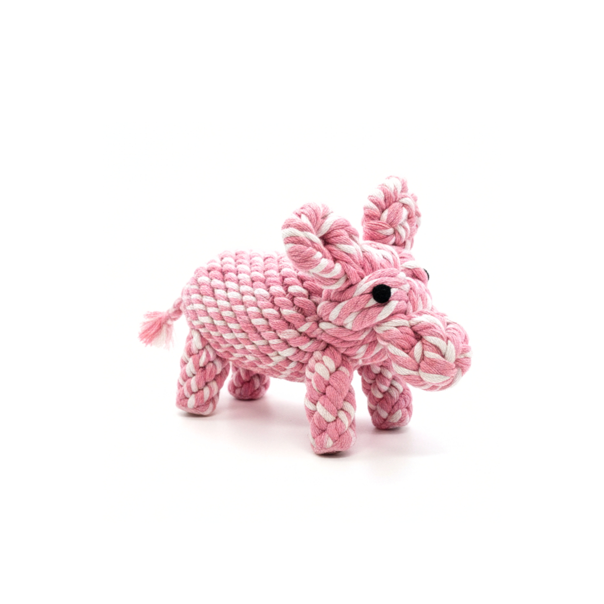Pink rope pig toy on a white background