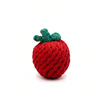 Handcrafted tomato pet toy on a white background