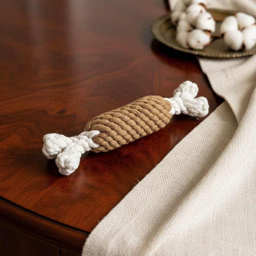 Rope dog toy on a wooden table with a beige blanket and plate of cotton balls in the background.