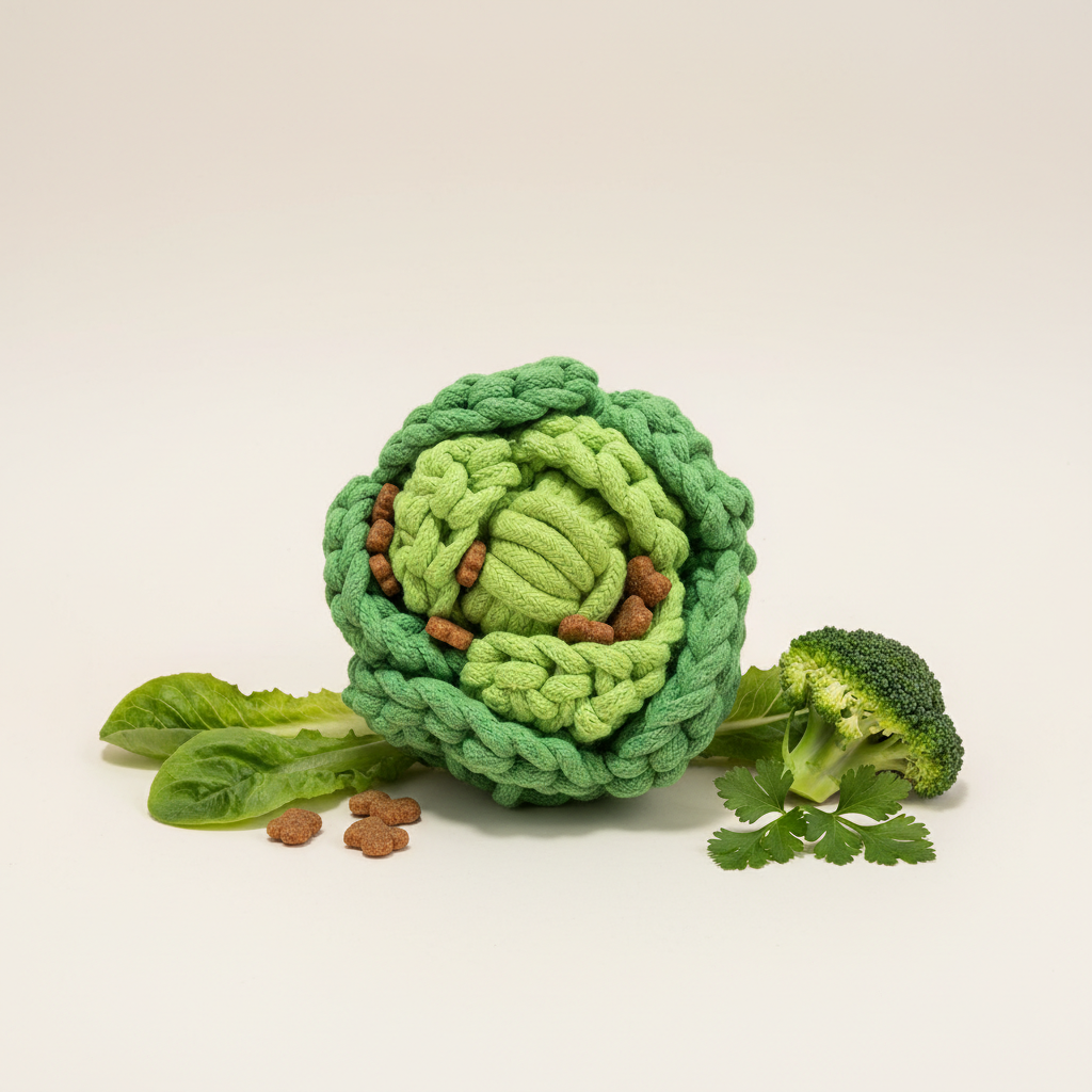 Green braided toy shaped like a cabbage with small brown treats on a beige background