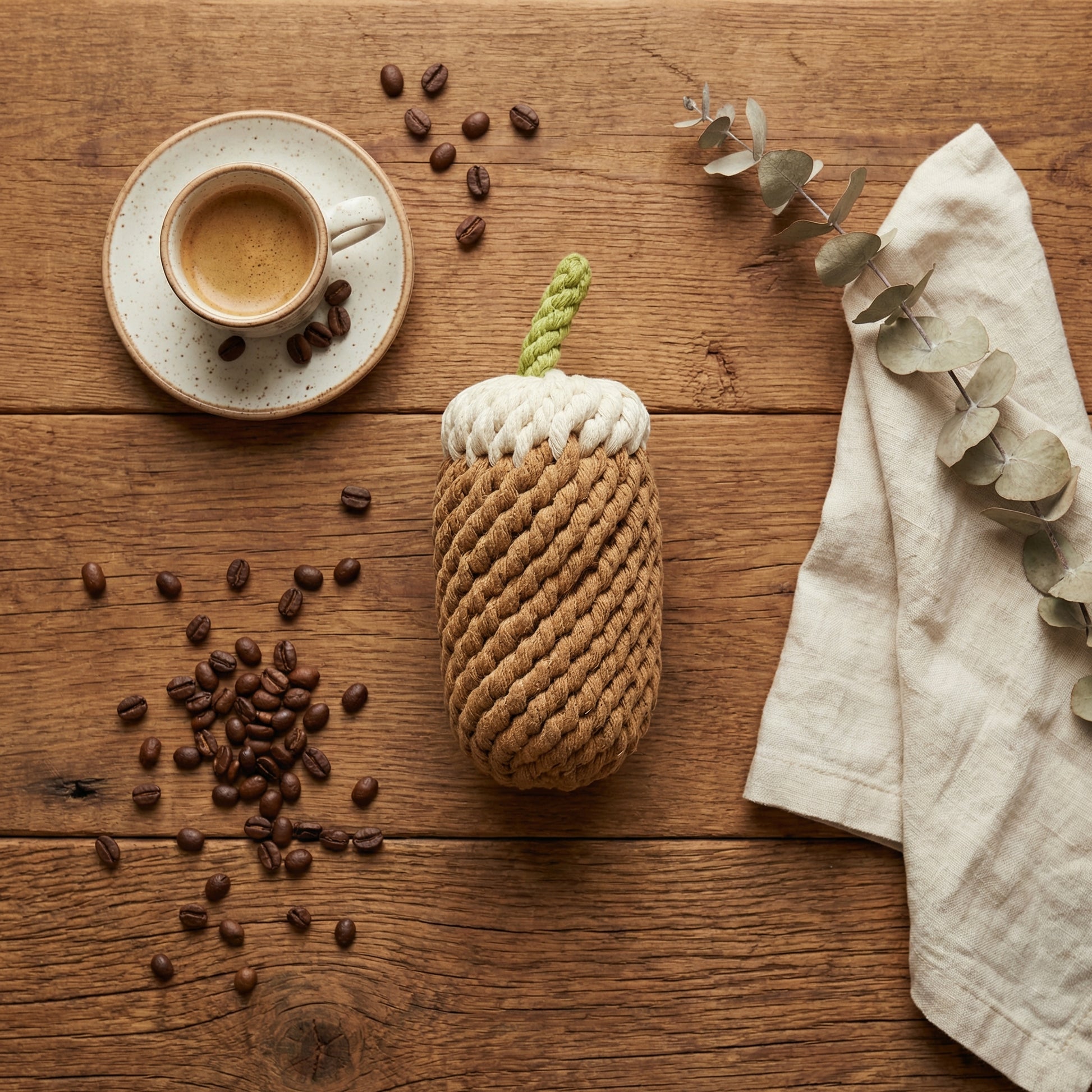coffee-shaped object on a wooden table with coffee and beans