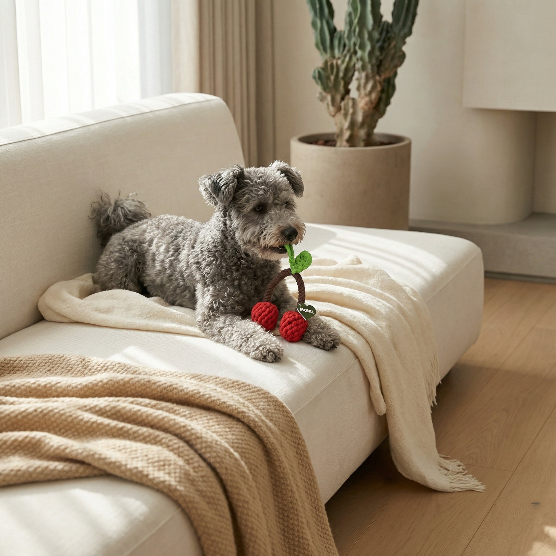 Dog lying on a white couch with a toy, surrounded by a cozy home setting with a cactus plant.