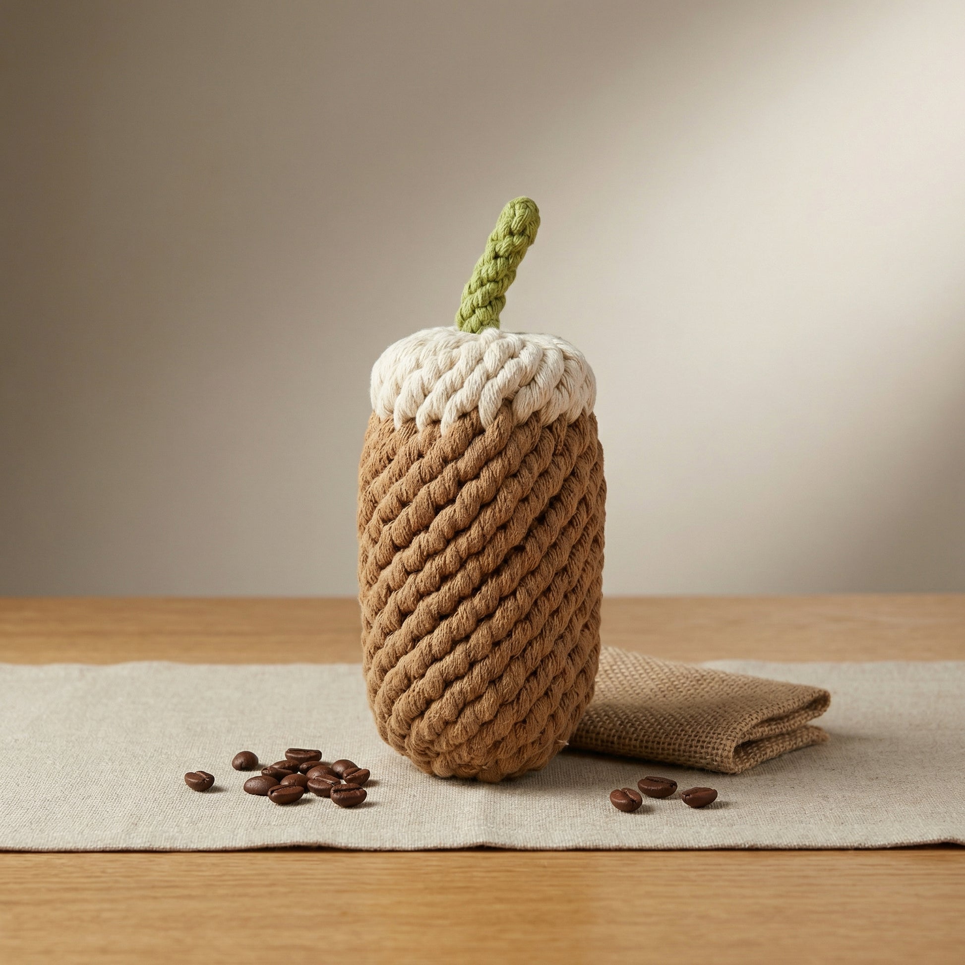coffee decoration with a green stem on a wooden table with scattered coffee beans.